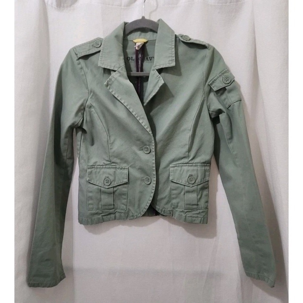Vintage 2006 Old Navy Military Jacket Women  Green Slim‎ Button Up Canvas Y2K